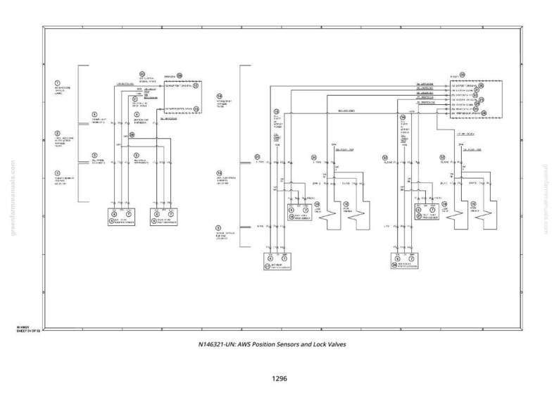 Puede incluir: Diagrama en blanco y negro de sensores de posici&oacute;n AWS y v&aacute;lvulas de bloqueo, con una compleja red de l&iacute;neas, cuadros y s&iacute;mbolos. El diagrama est&aacute; etiquetado como "N146321-UN" e incluye el n&uacute;mero "1296" en la parte inferior.