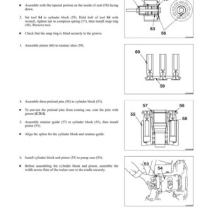 Puede incluir: Diagrama de desmontaje y montaje de un bloque de cilindros y pist&oacute;n. La imagen incluye ilustraciones detalladas de piezas como asientos, muelles y pasadores, con etiquetas y flechas que indican los pasos de montaje. Las instrucciones de texto acompa&ntilde;an los diagramas.