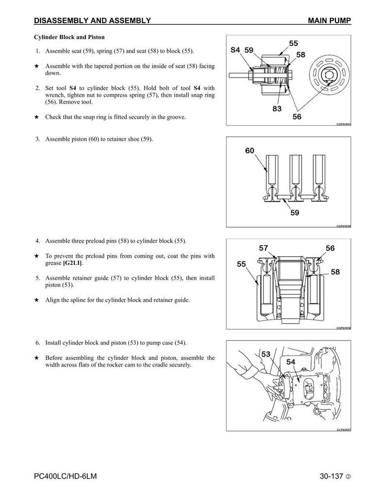 Puede incluir: Diagrama de desmontaje y montaje de un bloque de cilindros y pist&oacute;n. La imagen incluye ilustraciones detalladas de piezas como asientos, muelles y pasadores, con etiquetas y flechas que indican los pasos de montaje. Las instrucciones de texto acompa&ntilde;an los diagramas.