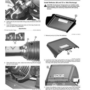 May include: Assembly instructions with diagrams for installing a deflector on a mower. The images show steps including installing a yoke, screws, and a shield. Text includes warnings about spring tension and the deflector's side discharge.