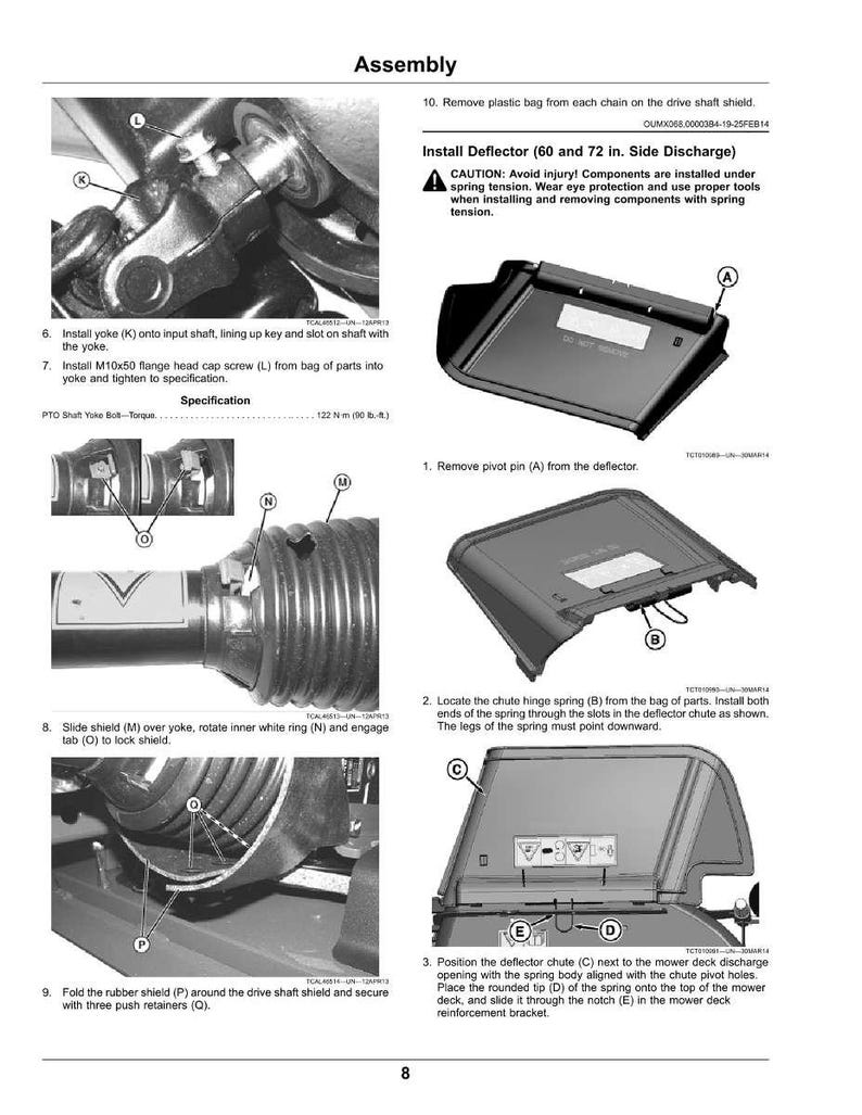 May include: Assembly instructions with diagrams for installing a deflector on a mower. The images show steps including installing a yoke, screws, and a shield. Text includes warnings about spring tension and the deflector's side discharge.