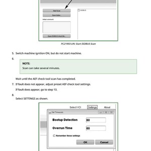 May include: Screenshot of a software interface with the AEF logo, featuring buttons labeled "Start Scan" and "Open folder." The image includes instructions for a diagnostic tool, with settings for "Bootup Detection" and "Overrun Time."