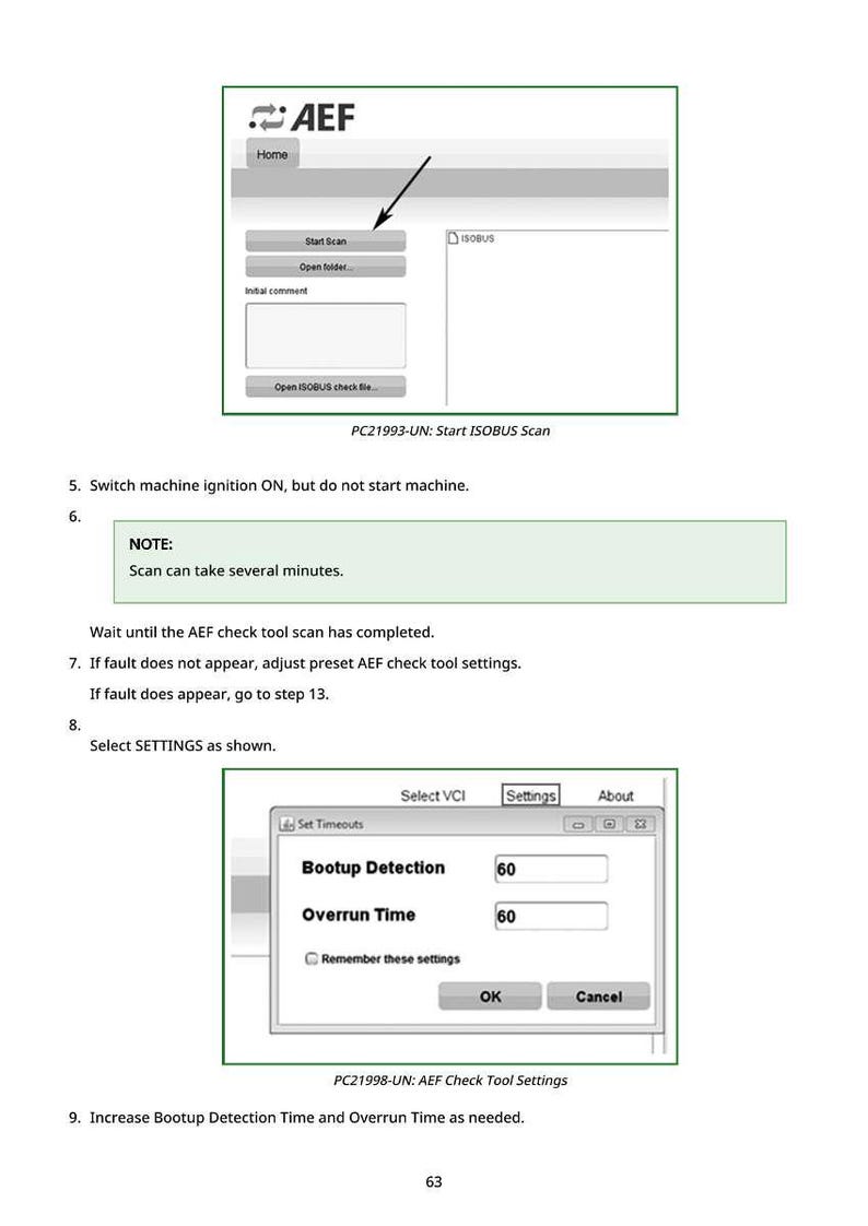 May include: Screenshot of a software interface with the AEF logo, featuring buttons labeled "Start Scan" and "Open folder." The image includes instructions for a diagnostic tool, with settings for "Bootup Detection" and "Overrun Time."