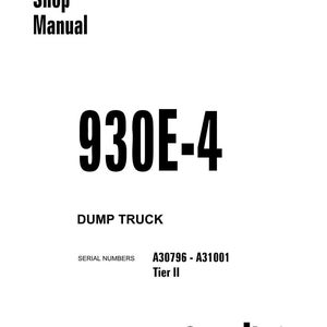 May include: A white shop manual with the text "Shop Manual" at the top. The number "930E-4" is prominently displayed, with "DUMP TRUCK" below it. The Komatsu logo is at the bottom.