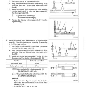 May include: Diagram of a cylinder assembly with detailed instructions and measurements. Includes illustrations of the cylinder head, piston rod, and other components, with measurements in millimeters and Newton meters.