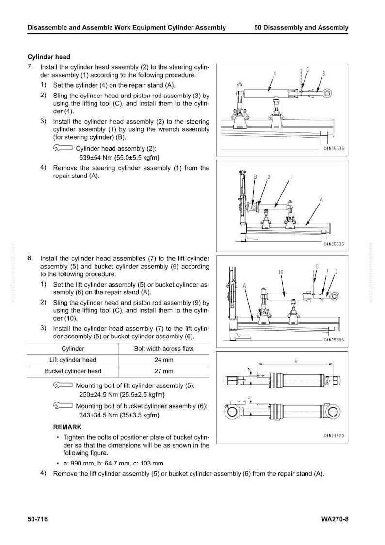 May include: Diagram of a cylinder assembly with detailed instructions and measurements. Includes illustrations of the cylinder head, piston rod, and other components, with measurements in millimeters and Newton meters.
