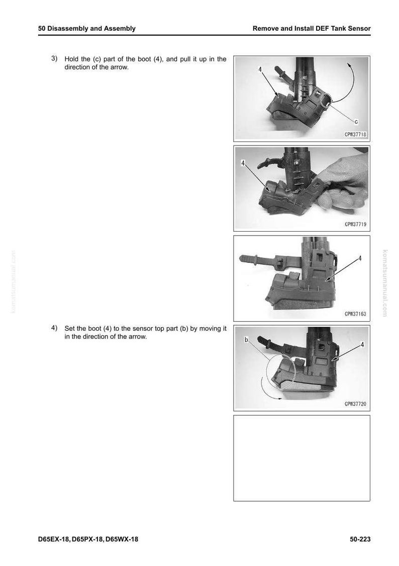 May include: Illustrated instructions for DEF tank sensor removal and installation. The images show the disassembly and assembly steps, including holding the boot and setting it to the sensor top part. The text includes part numbers and model information.