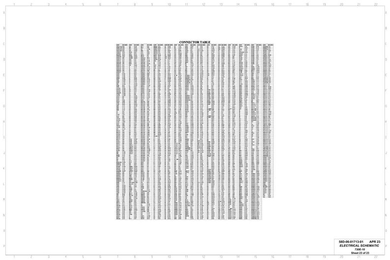 Puede incluir: Un dibujo t&eacute;cnico detallado titulado "CONNECTOR TABLE" con numerosas filas y columnas de texto. El documento es un esquema, con el t&iacute;tulo en la parte superior e informaci&oacute;n adicional en la parte inferior, incluida una fecha de revisi&oacute;n.