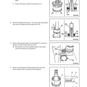 K&ouml;nnte beinhalten: Diagramm zur Demontage und Montage eines Getriebe-Kupplungspakets. Das Bild zeigt detaillierte Illustrationen von Komponenten wie Zahnr&auml;dern, Platten und Federn, die jeweils mit Nummern gekennzeichnet sind. Begleitender Text liefert Anweisungen.