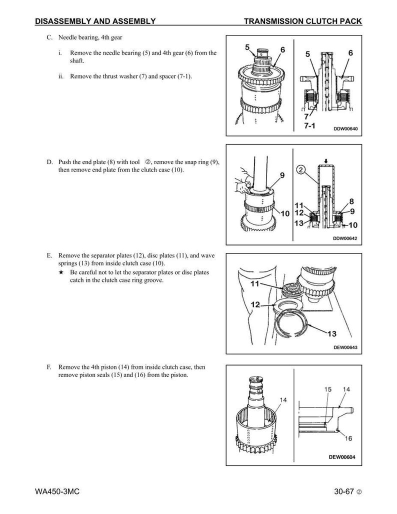 K&ouml;nnte beinhalten: Diagramm zur Demontage und Montage eines Getriebe-Kupplungspakets. Das Bild zeigt detaillierte Illustrationen von Komponenten wie Zahnr&auml;dern, Platten und Federn, die jeweils mit Nummern gekennzeichnet sind. Begleitender Text liefert Anweisungen.