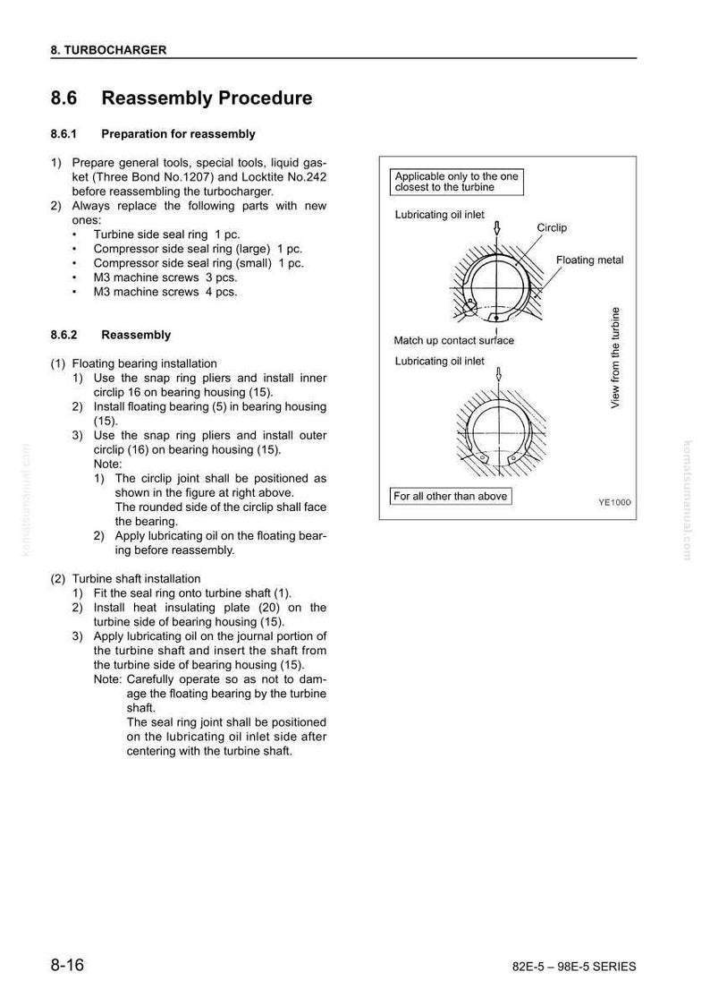 May include: Diagram of a turbocharger reassembly procedure, including instructions for floating bearing and turbine shaft installation. Includes illustrations of circlips, floating metal, and lubricating oil inlets. Text includes part numbers and assembly steps.