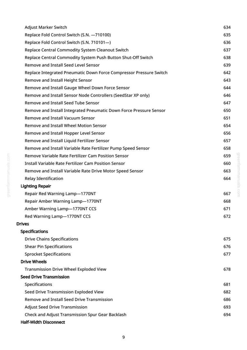 May include: A detailed list of agricultural equipment repair and maintenance procedures. The document includes instructions for adjusting, replacing, and installing various components, such as sensors, switches, and lamps. The text is organized with numbered sections and sub-sections.