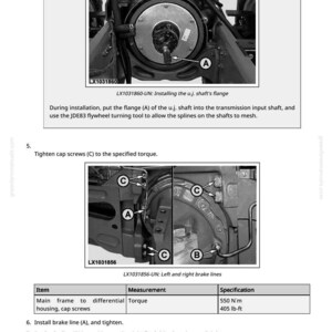 Pode incluir: Diagrama de componentes mec&acirc;nicos com etiquetas A, B e C. O texto inclui instru&ccedil;&otilde;es de instala&ccedil;&atilde;o e aperto de parafusos. As medidas s&atilde;o fornecidas em lb-ft e N'm. A imagem &eacute; de um manual t&eacute;cnico.
