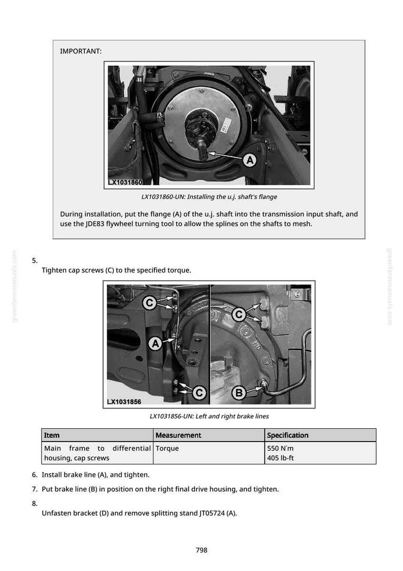 Pode incluir: Diagrama de componentes mec&acirc;nicos com etiquetas A, B e C. O texto inclui instru&ccedil;&otilde;es de instala&ccedil;&atilde;o e aperto de parafusos. As medidas s&atilde;o fornecidas em lb-ft e N'm. A imagem &eacute; de um manual t&eacute;cnico.