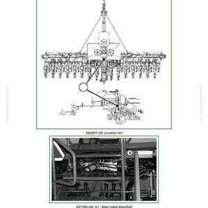 May include: Diagram of a mechanical system labeled "D2 - Sense Check Kit 9B." The image includes a detailed line drawing of the system's components and a photograph of a main valve manifold. Text includes "A82887-UN: Location Art" and "A51358-UN: G1 - Main Valve Manifold."