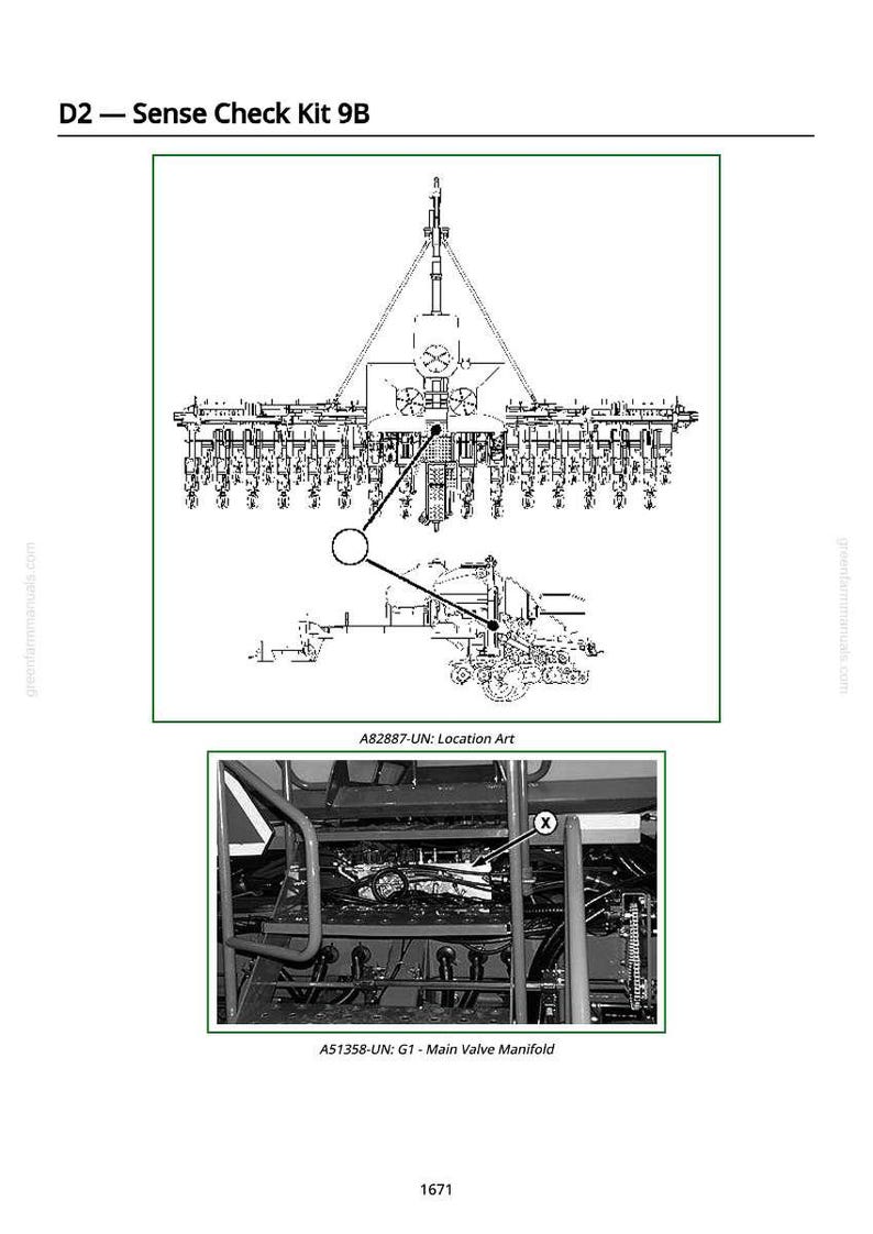 May include: Diagram of a mechanical system labeled "D2 - Sense Check Kit 9B." The image includes a detailed line drawing of the system's components and a photograph of a main valve manifold. Text includes "A82887-UN: Location Art" and "A51358-UN: G1 - Main Valve Manifold."