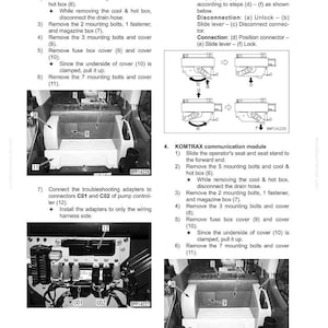 Peut inclure: Sch&eacute;ma d'un contr&ocirc;leur de pompe et d'un module de communication KOMTRAX, avec des &eacute;tapes num&eacute;rot&eacute;es pour les tests et les r&eacute;glages. Comprend des illustrations de connecteurs et de retrait de boulons, avec des &eacute;tiquettes comme C01, C02 et BPP14226.