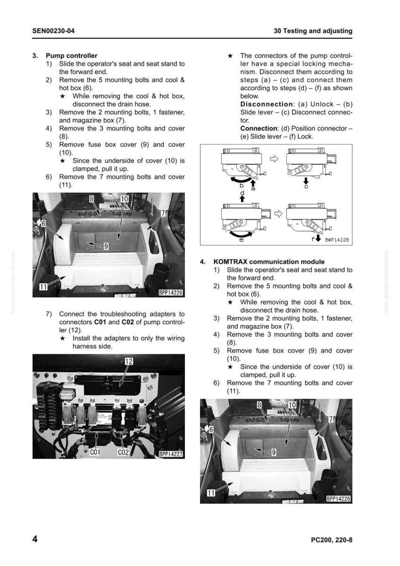 Peut inclure: Sch&eacute;ma d'un contr&ocirc;leur de pompe et d'un module de communication KOMTRAX, avec des &eacute;tapes num&eacute;rot&eacute;es pour les tests et les r&eacute;glages. Comprend des illustrations de connecteurs et de retrait de boulons, avec des &eacute;tiquettes comme C01, C02 et BPP14226.