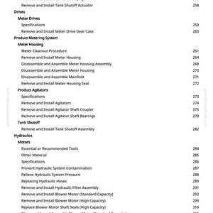 Pu&ograve; includere: Pagina di un manuale con un sommario dettagliato. Le sezioni includono azionamenti del misuratore, alloggiamento del misuratore, agitatori di prodotto, arresto del serbatoio, idraulica e motori. Sono indicati i numeri di pagina.