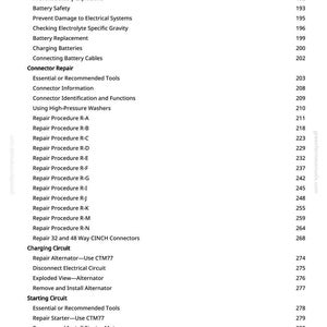 Pu&ograve; includere: Pagina di un manuale con sfondo bianco, con un sommario. Gli argomenti includono sistemi elettrici, batterie e circuiti di ricarica. I numeri di pagina sono a destra.