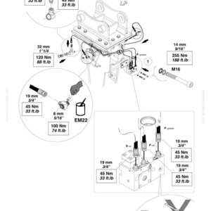 May include: Technical diagram showing hydraulic components with measurements in millimetres and Newton metres. Includes fittings, valves, and connections. Labels include "19 mm 3/4" and "45 Nm". The diagram is for engineering purposes.