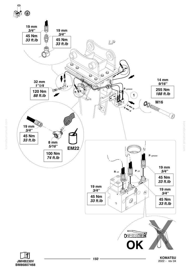 May include: Technical diagram showing hydraulic components with measurements in millimetres and Newton metres. Includes fittings, valves, and connections. Labels include "19 mm 3/4" and "45 Nm". The diagram is for engineering purposes.