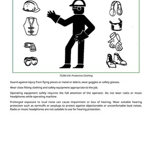 May include: Black and white illustration of safety equipment, including a hard hat, safety glasses, gloves, and boots. A silhouetted figure demonstrates proper safety practices. Text reads "Wear Protective Equipment."