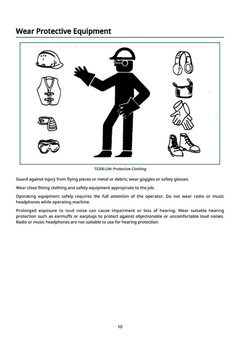 May include: Black and white illustration of safety equipment, including a hard hat, safety glasses, gloves, and boots. A silhouetted figure demonstrates proper safety practices. Text reads "Wear Protective Equipment."