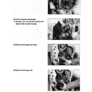 May include: A grayscale image from a manual showing steps for automotive repair. The image includes close-up shots of mechanical components, accompanied by numbered instructions. Text includes "Support the converter housing" and "Remove the 3rd gear hub."