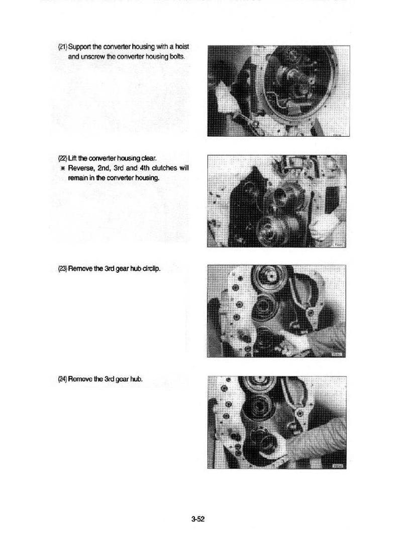 May include: A grayscale image from a manual showing steps for automotive repair. The image includes close-up shots of mechanical components, accompanied by numbered instructions. Text includes "Support the converter housing" and "Remove the 3rd gear hub."