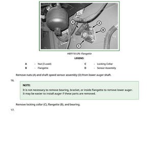 May include: Diagram of mechanical components, including a nut, flangette, locking collar, and sensor assembly. The image includes text instructions and a legend for part identification. The diagram is for a lower auger shaft.