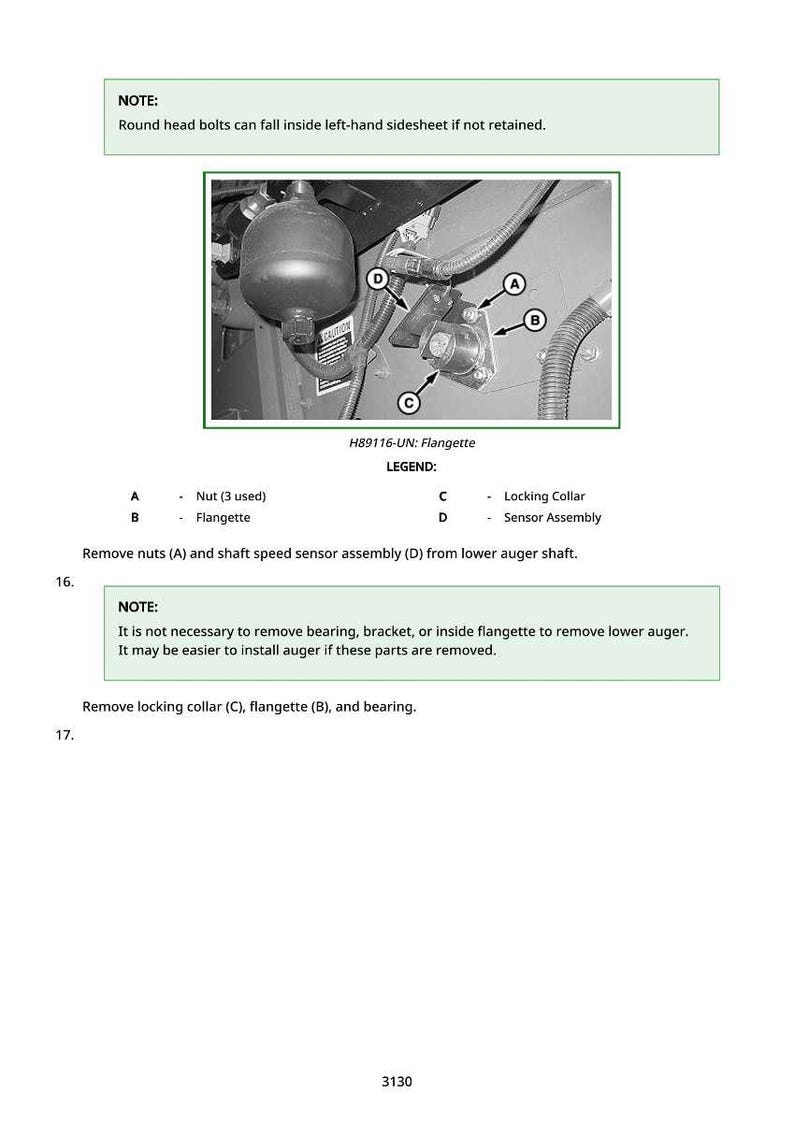 May include: Diagram of mechanical components, including a nut, flangette, locking collar, and sensor assembly. The image includes text instructions and a legend for part identification. The diagram is for a lower auger shaft.