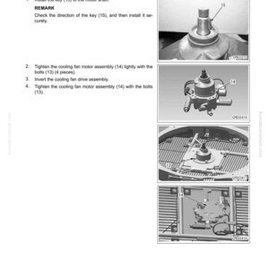 May include: Diagram of a cooling fan motor assembly installation process. The image includes numbered steps, diagrams of parts, and labels for components like the key (15) and bolts (13).