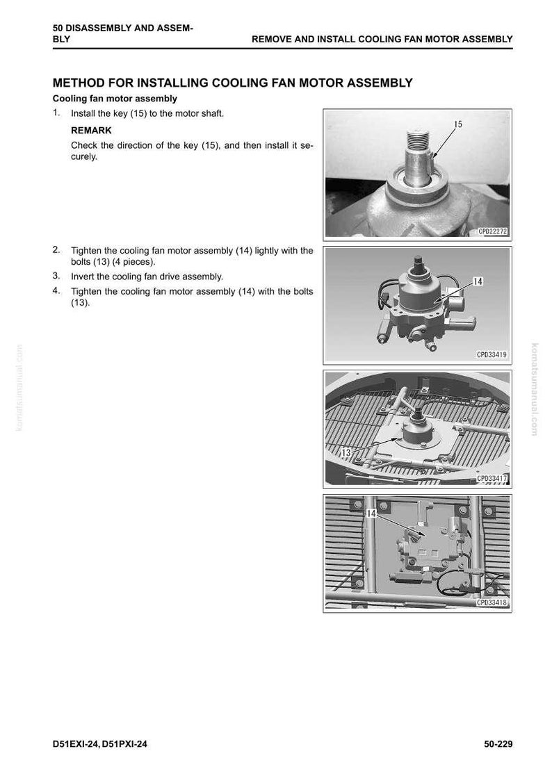 May include: Diagram of a cooling fan motor assembly installation process. The image includes numbered steps, diagrams of parts, and labels for components like the key (15) and bolts (13).