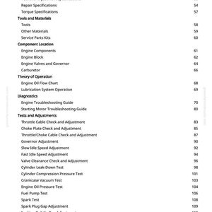 May include: A page from a Kawasaki FH721V engine manual with a white background. The contents include specifications, tools, component locations, theory of operation, diagnostics, tests, adjustments, and repair procedures. Page numbers are listed on the right.