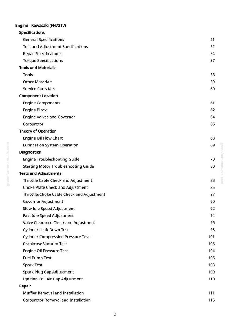 May include: A page from a Kawasaki FH721V engine manual with a white background. The contents include specifications, tools, component locations, theory of operation, diagnostics, tests, adjustments, and repair procedures. Page numbers are listed on the right.