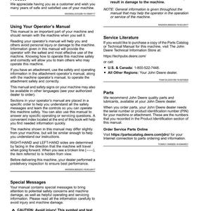 May include: A page from a John Deere operator's manual, featuring the "Introduction" section. The manual provides safety information, instructions, and contact details for parts and service. Includes a caution symbol and text highlighting potential hazards.
