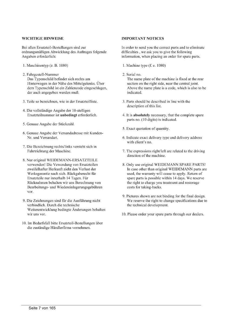 K&ouml;nnte beinhalten: Eine Seite mit deutschem und englischem Text, die Anweisungen zur Bestellung von Ersatzteilen enth&auml;lt. Der Text enth&auml;lt Informationen zu Maschinentyp, Seriennummer und Teilebeschreibungen. Die Seite stammt aus einem Handbuch.