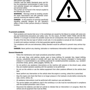 May include: A page from a manual with the title "SAFETY STANDARDS" and a warning symbol. The text details safety precautions, including warnings about potential dangers and general standards for maintenance and repair procedures.
