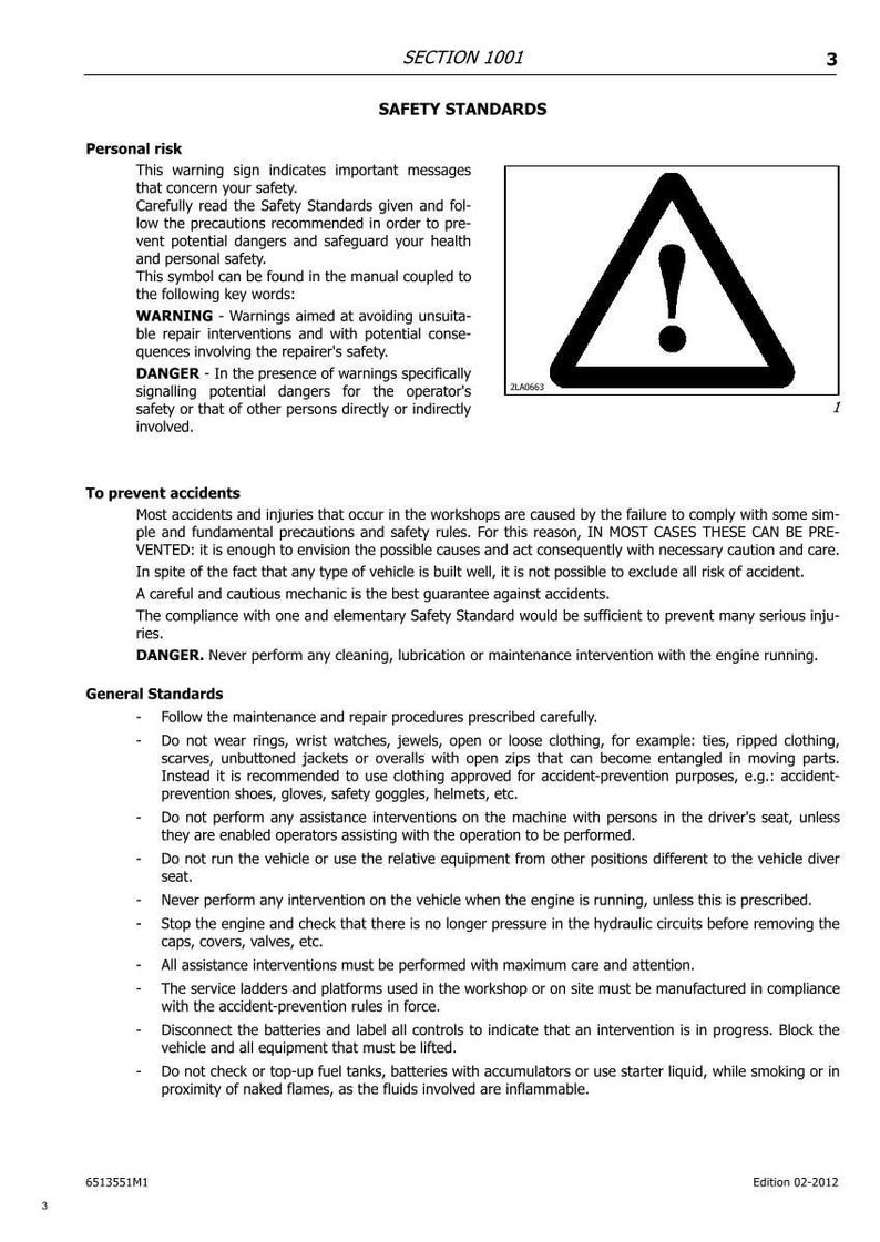 May include: A page from a manual with the title "SAFETY STANDARDS" and a warning symbol. The text details safety precautions, including warnings about potential dangers and general standards for maintenance and repair procedures.