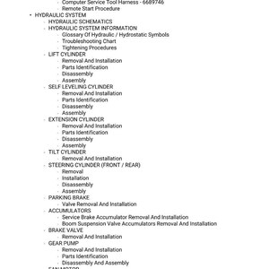 K&ouml;nnte beinhalten: Eine detaillierte Liste von Service-Tool-Harness-Steuerungen, Hydraulikschemata und Hubzylinderverfahren. Enth&auml;lt Ausbau, Einbau und Teileidentifizierung f&uuml;r verschiedene Komponenten. Text ist schwarz auf wei&szlig;em Hintergrund.