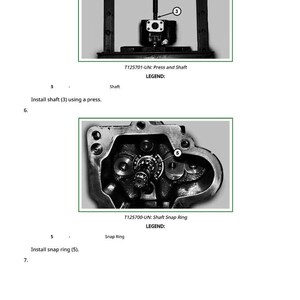 Puede incluir: Diagrama t&eacute;cnico con dos im&aacute;genes detalladas en escala de grises. La imagen superior muestra un eje que se instala con una prensa. La imagen inferior muestra un anillo de retenci&oacute;n del eje que se instala. El texto incluye "T125701-UN: Press and Shaft" y "T125700-UN: Shaft Snap Ring."