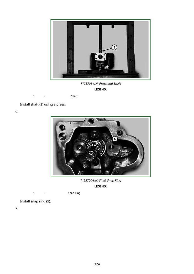 Puede incluir: Diagrama t&eacute;cnico con dos im&aacute;genes detalladas en escala de grises. La imagen superior muestra un eje que se instala con una prensa. La imagen inferior muestra un anillo de retenci&oacute;n del eje que se instala. El texto incluye "T125701-UN: Press and Shaft" y "T125700-UN: Shaft Snap Ring."
