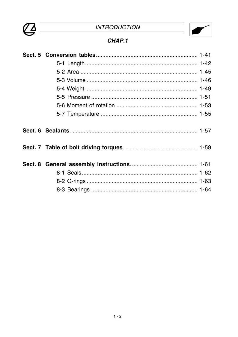 Puede incluir: P&aacute;gina de manual t&eacute;cnico en blanco y negro con el t&iacute;tulo &laquo; INTRODUCCI&Oacute;N &raquo; y &laquo; CAP.1 &raquo;. La p&aacute;gina enumera tablas de conversi&oacute;n, selladores, pares de apriete de pernos e instrucciones generales de montaje.