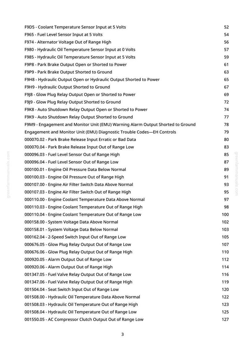 May include: A page from a manual with a list of diagnostic trouble codes, including engine, fuel, and sensor issues. The text is black on a white background, with page numbers and a website address.