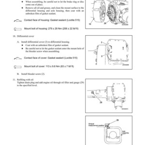 Pode incluir: Um diagrama t&eacute;cnico que detalha os procedimentos de desmontagem e montagem da caixa do eixo. A imagem inclui ilustra&ccedil;&otilde;es de componentes, especifica&ccedil;&otilde;es de torque em Newton-metros e instru&ccedil;&otilde;es para aplicar selante de junta. O texto inclui o t&iacute;tulo "DISASSEMBLY AND ASSEMBLY".