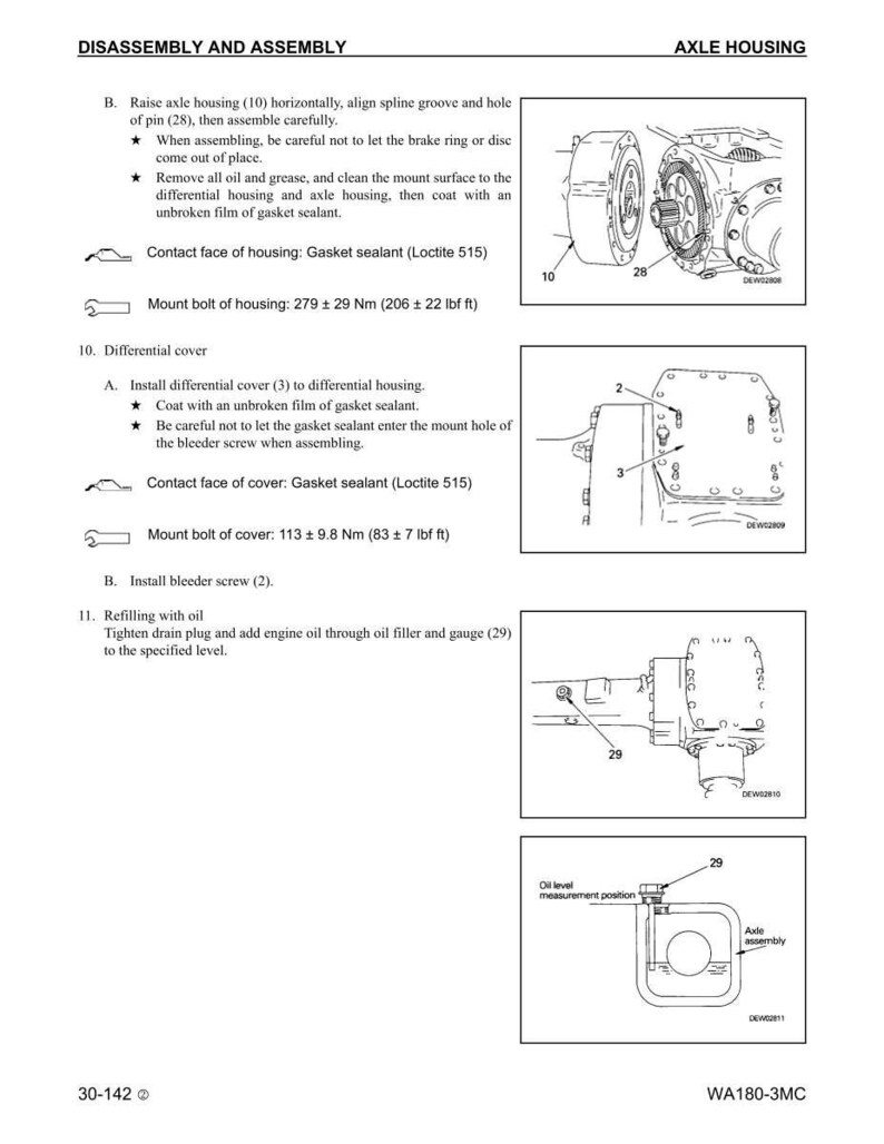 Pode incluir: Um diagrama t&eacute;cnico que detalha os procedimentos de desmontagem e montagem da caixa do eixo. A imagem inclui ilustra&ccedil;&otilde;es de componentes, especifica&ccedil;&otilde;es de torque em Newton-metros e instru&ccedil;&otilde;es para aplicar selante de junta. O texto inclui o t&iacute;tulo "DISASSEMBLY AND ASSEMBLY".