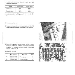 May include: A page from a manual titled "Checking and Adjusting Valve Clearance." The text includes instructions and specifications for valve adjustment, with diagrams of engine components and a table of measurements.