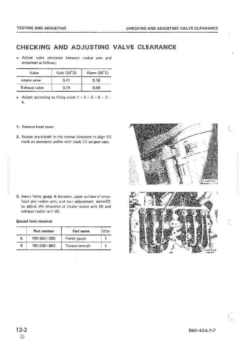 May include: A page from a manual titled "Checking and Adjusting Valve Clearance." The text includes instructions and specifications for valve adjustment, with diagrams of engine components and a table of measurements.