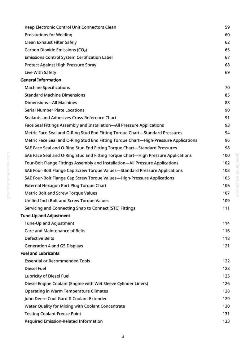 May include: A page from a manual with a list of topics and page numbers. Topics include "Keep Electronic Control Unit Connectors Clean", "Carbon Dioxide Emissions", and "Diesel Fuel". The page number "3" is visible.